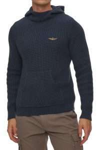 Aeronautica Militare MA1665-8184 Men’s Cotton Hooded Knit Sweater with Front Pocket Blu Navy