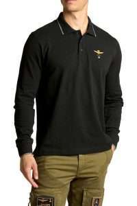 Aeronautica Militare PO1953-34300 Men’s Basic Long-Sleeve Cotton Piqué Polo Jet Black