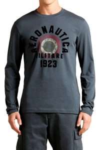 Aeronautica_Militare TS2570-34407 Ανδρικό Μακρυμάνικο T-Shirt με Λογότυπο και Ιταλική Κονκάρδα Blu Grigio